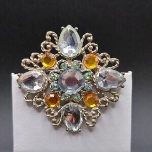 Vintage Filigree Rhinestone Brooch, Clear, Light Topaz, Green AB Rhinestones, 2"